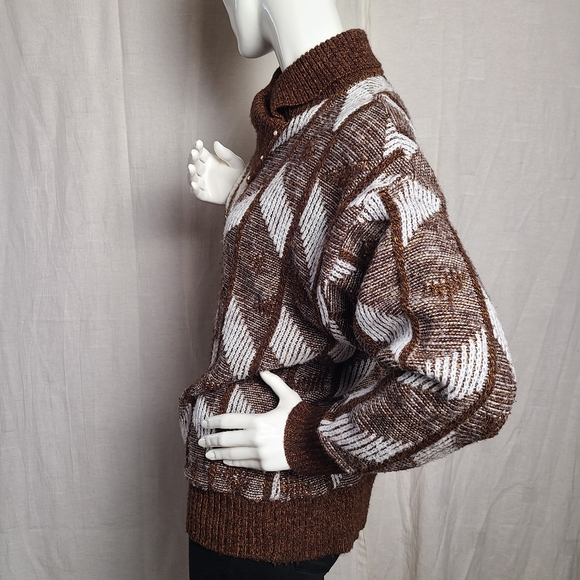 Vintage Her Women's Brown Acrylic Cowl Neck Funky Chevron Pattern Knit Sweater - Picture 5 of 13